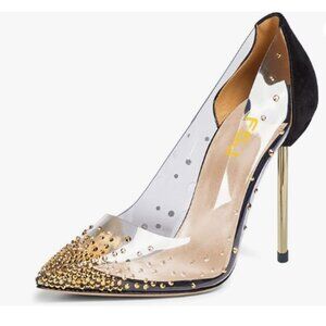 FSJ Black Gold Studded Pointed Toe Transparent Pumps High Heels Shoes